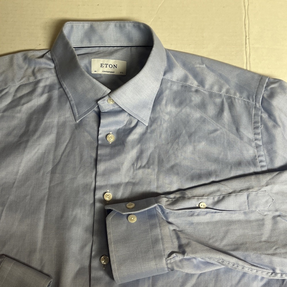 Eton Shirt Men 44 17.5 Blue Oxford Cotton Contemporary Long Sleeve Button Career